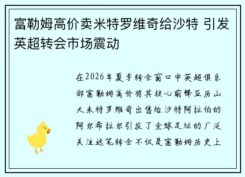富勒姆高价卖米特罗维奇给沙特 引发英超转会市场震动 富勒姆高价卖米特罗维奇给沙特 引发英超转会市场震动