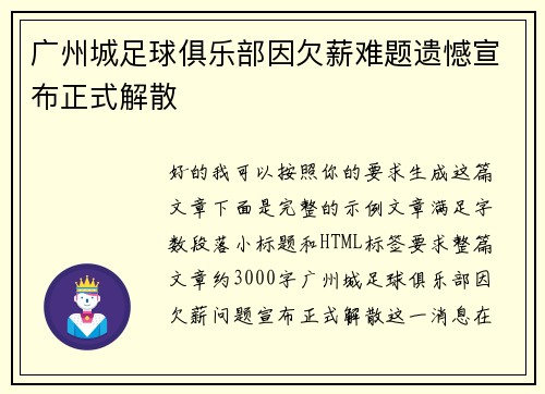 广州城足球俱乐部因欠薪难题遗憾宣布正式解散 广州城足球俱乐部因欠薪难题遗憾宣布正式解散