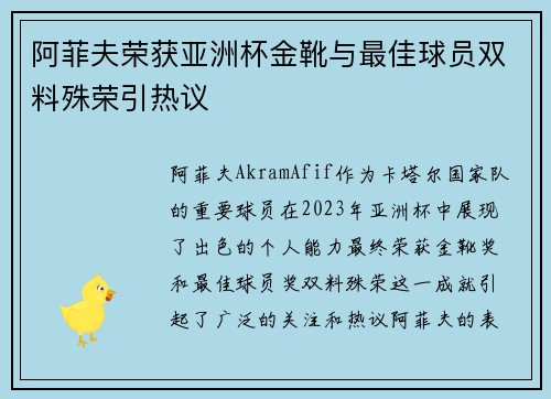 阿菲夫荣获亚洲杯金靴与最佳球员双料殊荣引热议